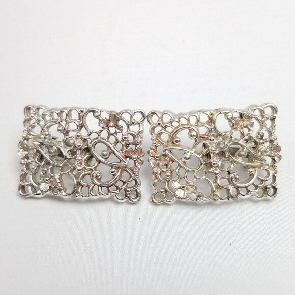 Vintage Emmons EMJ Silver Tone Rectangle Filigree Clip On Earrings, Signed - Picture 2 of 6